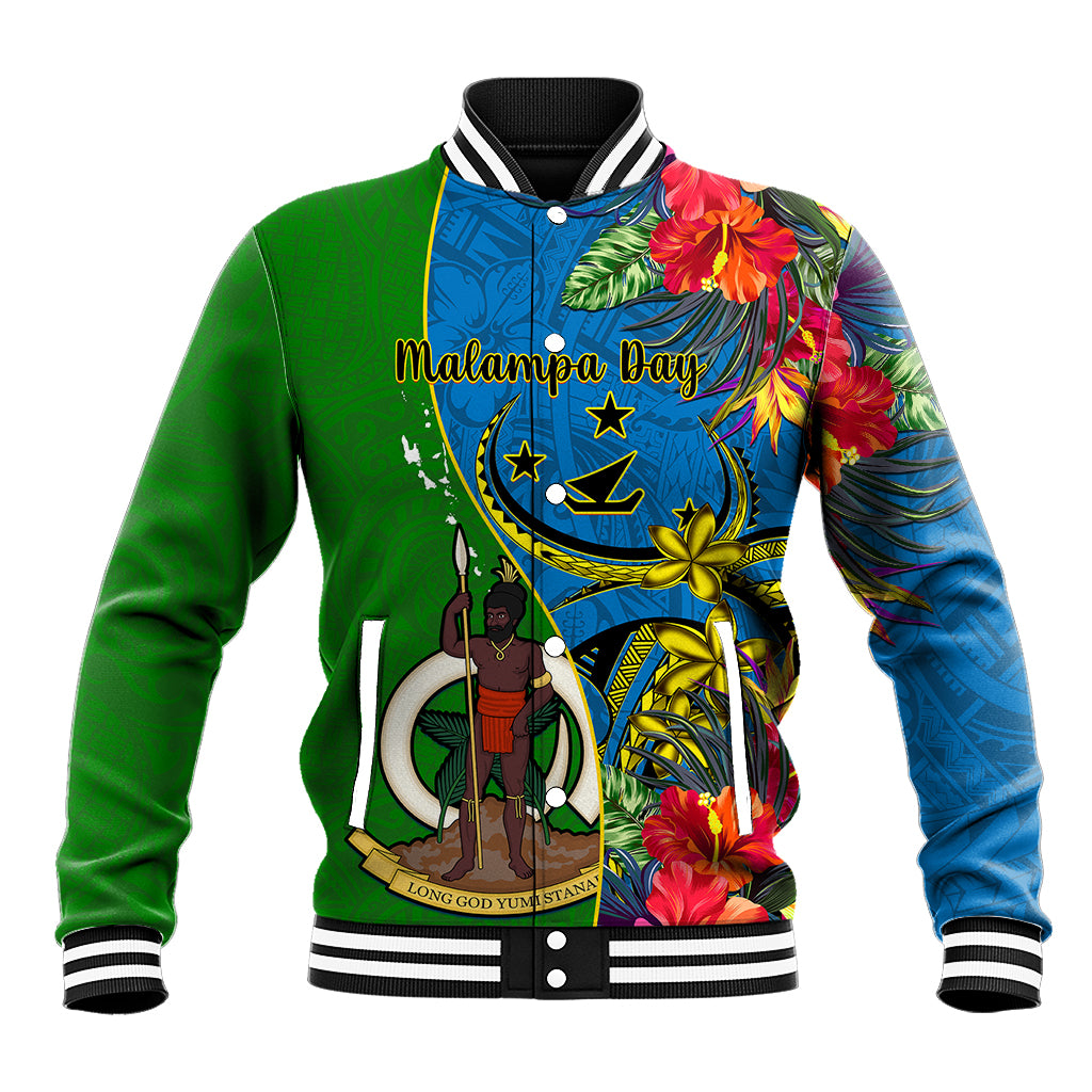 Green tropical baseball jacket with blue floral prints and front crest graphic