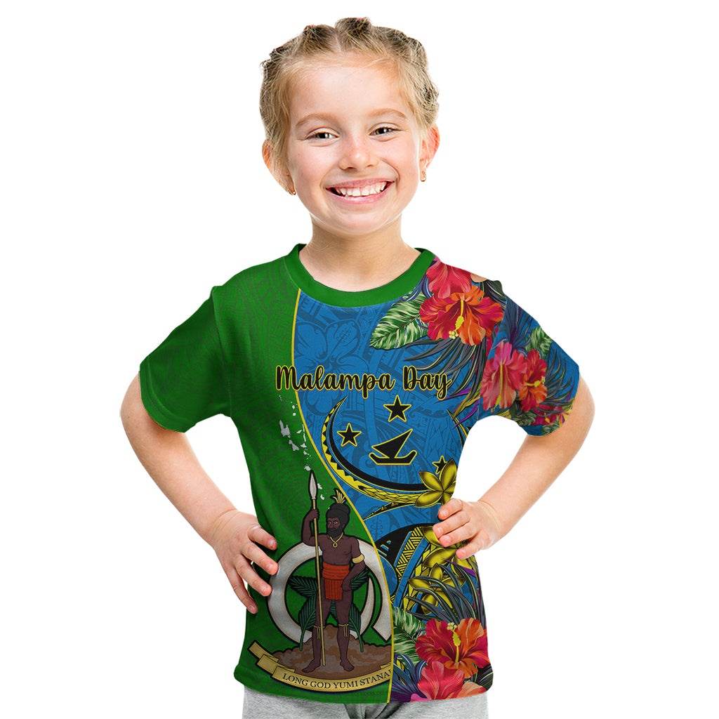 Personalised Vanuatu Malampa Day Kid T Shirt Coat Of Arms Mix Tropical Flowers - Wonder Print Shop