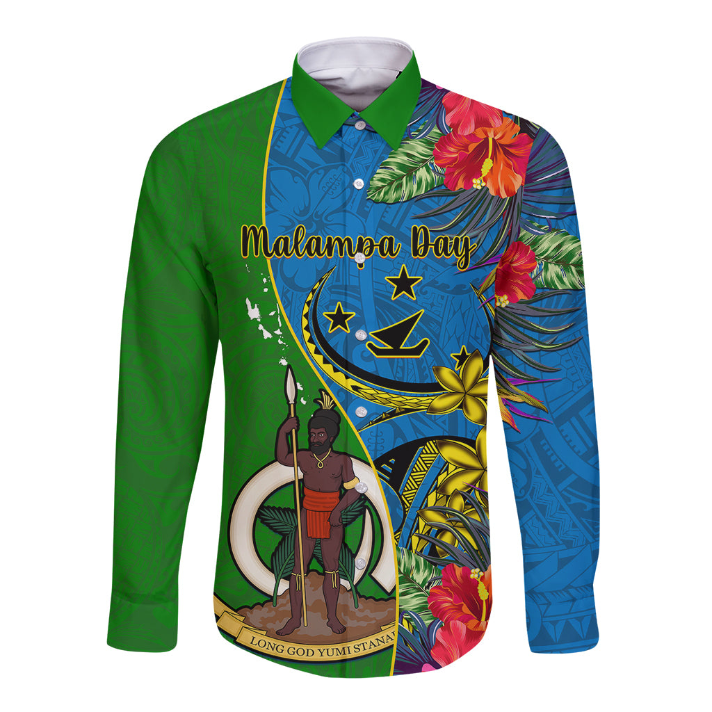 Long sleeve button shirt coat with green sleeves, blue tropical print and crest front