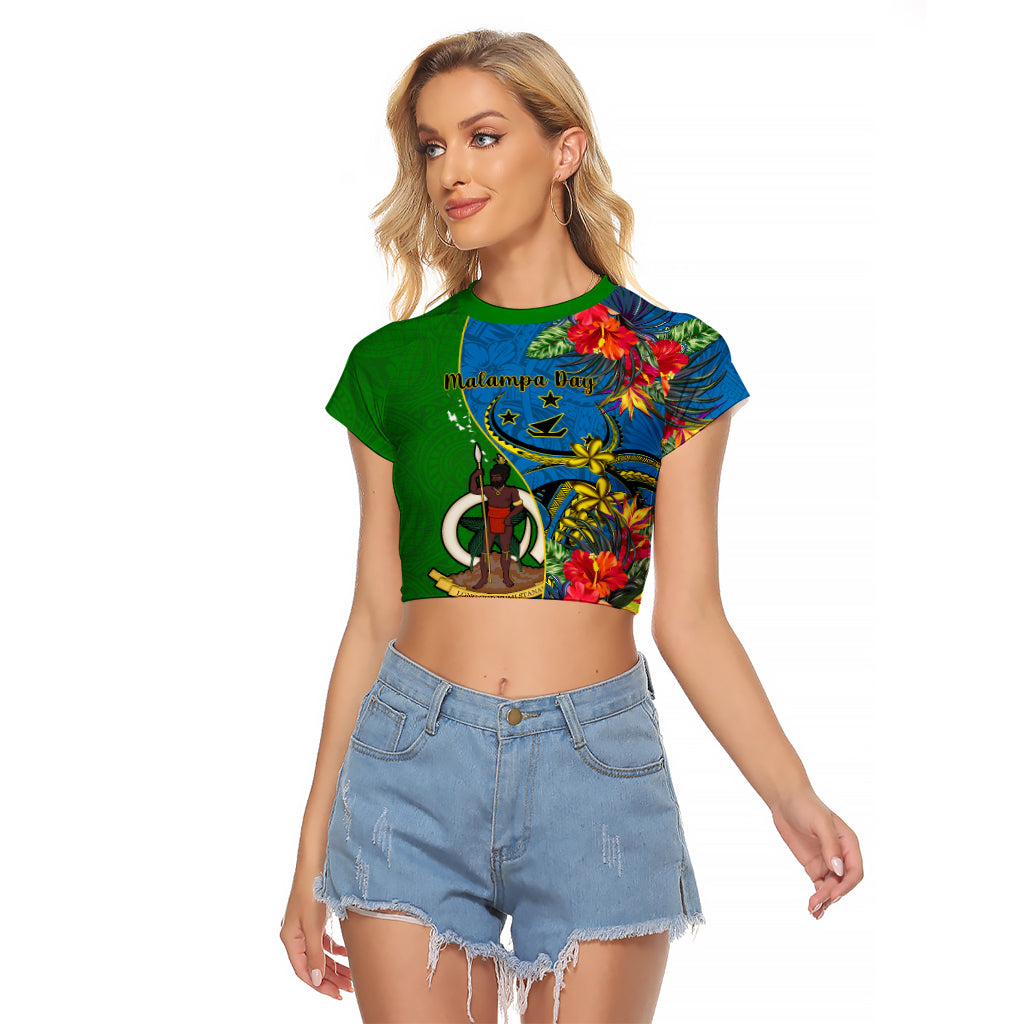 Personalised Vanuatu Malampa Day Raglan Cropped T Shirt Coat Of Arms Mix Tropical Flowers - Wonder Print Shop