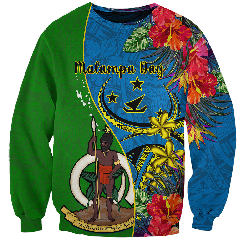 Unisex green and blue sweatshirt with Malampa Day coat of arms and tropical flower print
