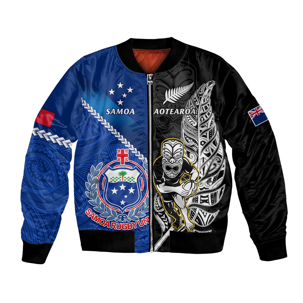 New Zealand And Samoa Rugby Bomber Jacket All Black Tiki Fern Mix Manu Samoa 2023 World Cup - Wonder Print Shop