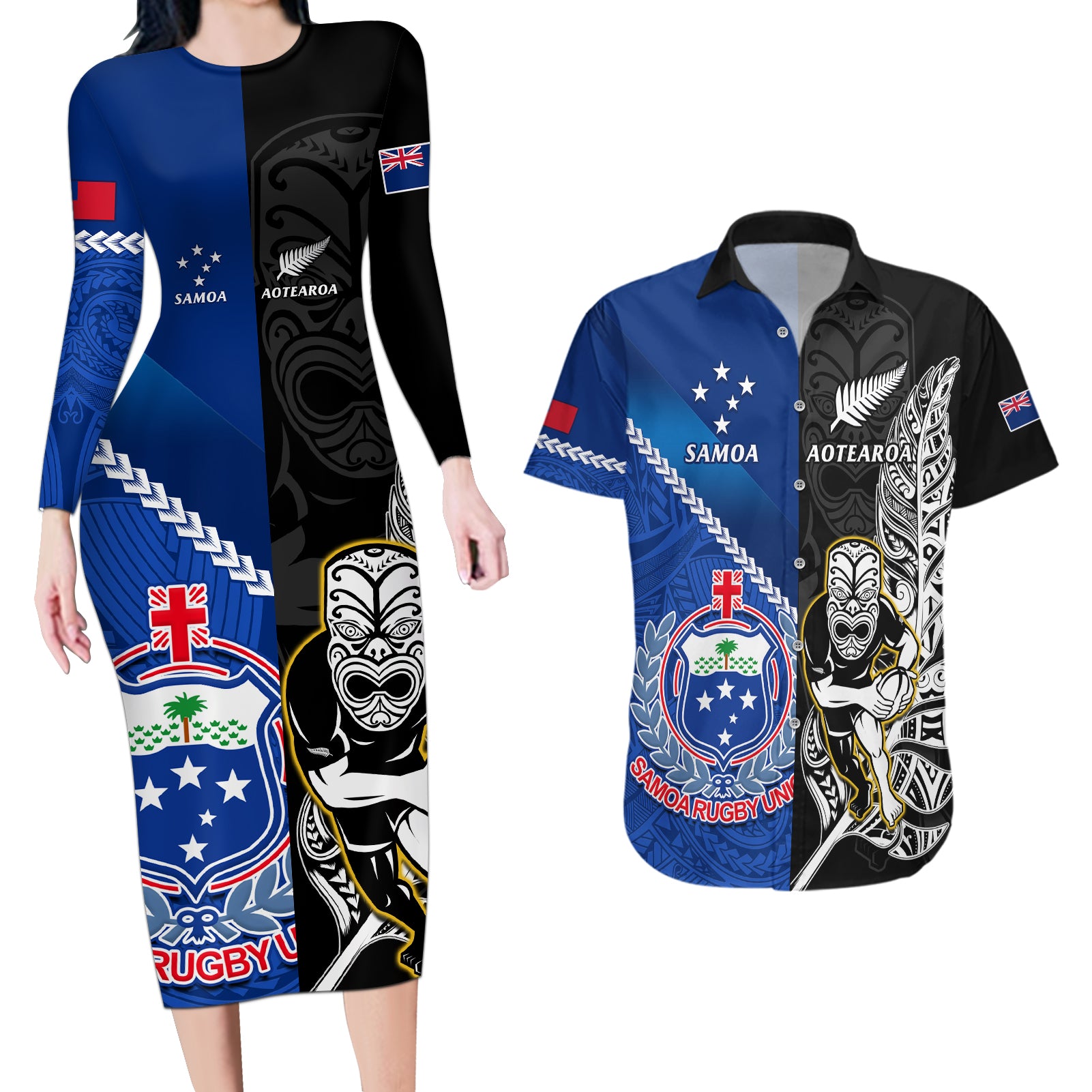 New Zealand And Samoa Rugby Couples Matching Long Sleeve Bodycon Dress and Hawaiian Shirt All Black Tiki Fern Mix Manu Samoa 2023 World Cup - Wonder Print Shop