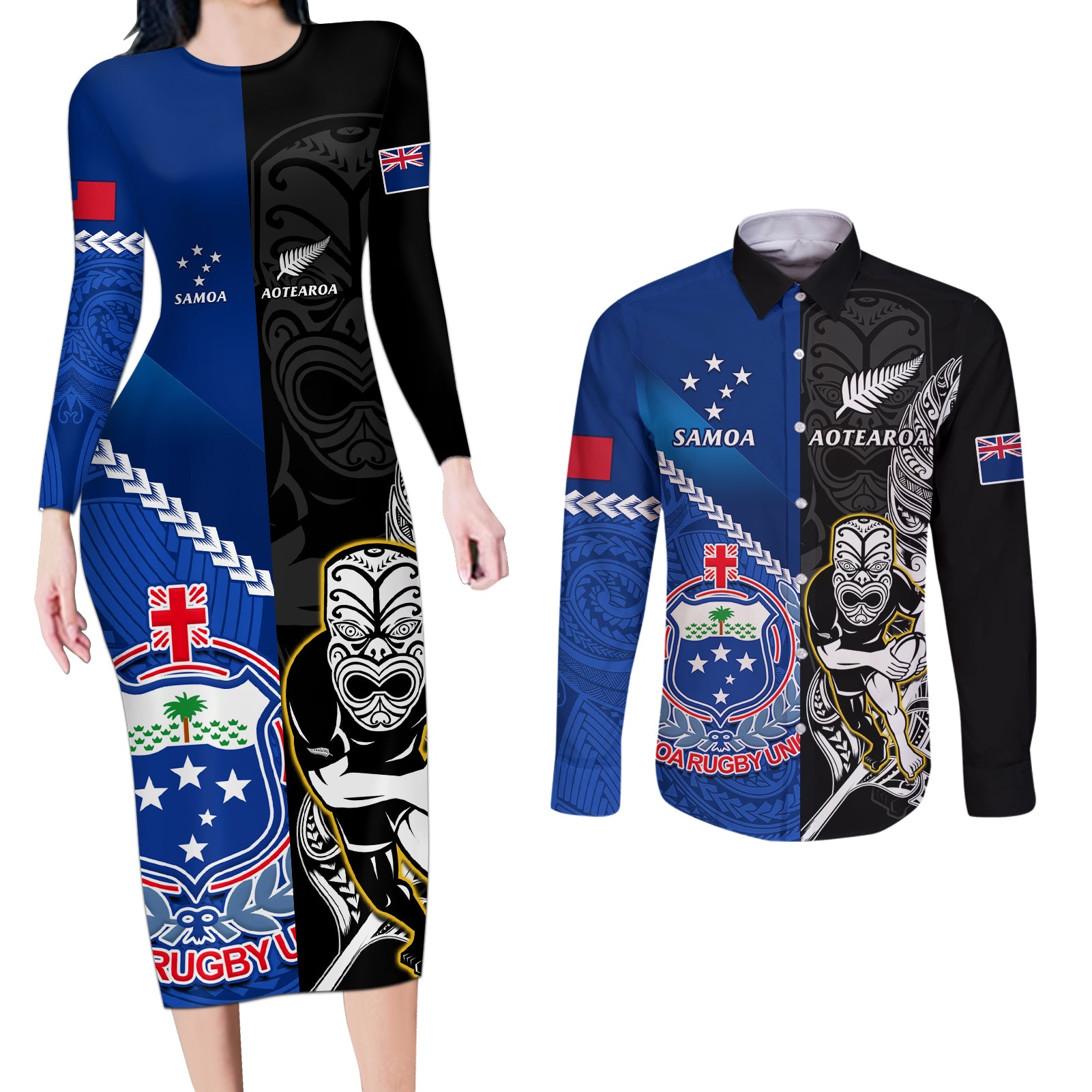 New Zealand And Samoa Rugby Couples Matching Long Sleeve Bodycon Dress and Long Sleeve Button Shirts All Black Tiki Fern Mix Manu Samoa 2023 World Cup - Wonder Print Shop