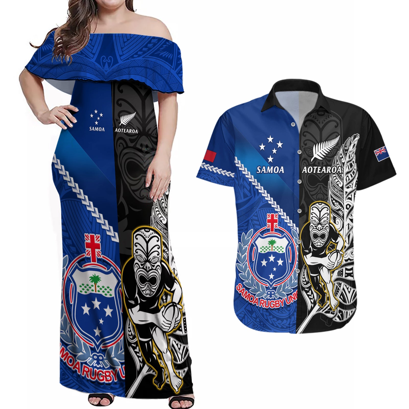 New Zealand And Samoa Rugby Couples Matching Off Shoulder Maxi Dress and Hawaiian Shirt All Black Tiki Fern Mix Manu Samoa 2023 World Cup - Wonder Print Shop