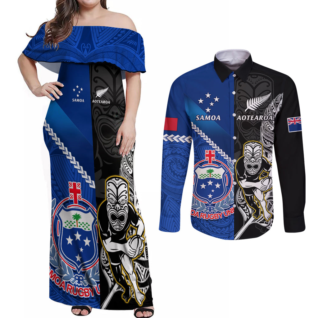 New Zealand And Samoa Rugby Couples Matching Off Shoulder Maxi Dress and Long Sleeve Button Shirts All Black Tiki Fern Mix Manu Samoa 2023 World Cup - Wonder Print Shop