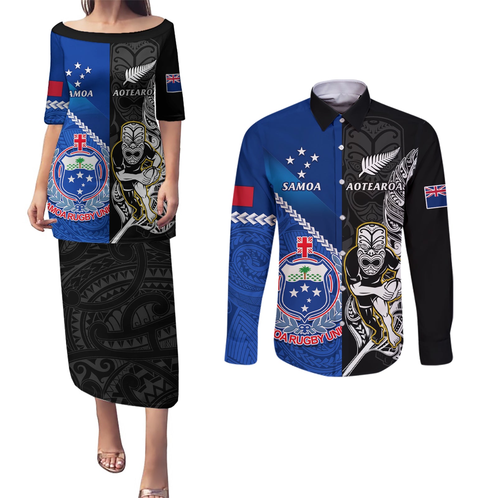 New Zealand And Samoa Rugby Couples Matching Puletasi Dress and Long Sleeve Button Shirts All Black Tiki Fern Mix Manu Samoa 2023 World Cup - Wonder Print Shop