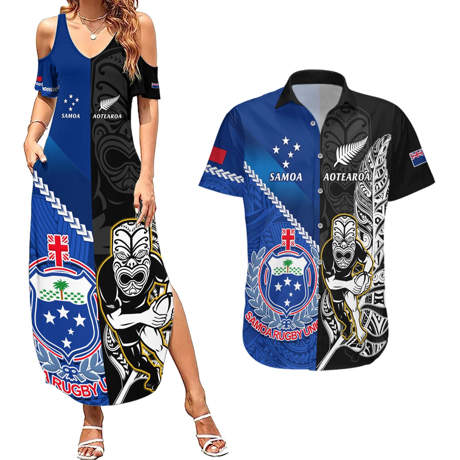 New Zealand And Samoa Rugby Couples Matching Summer Maxi Dress and Hawaiian Shirt All Black Tiki Fern Mix Manu Samoa 2023 World Cup - Wonder Print Shop