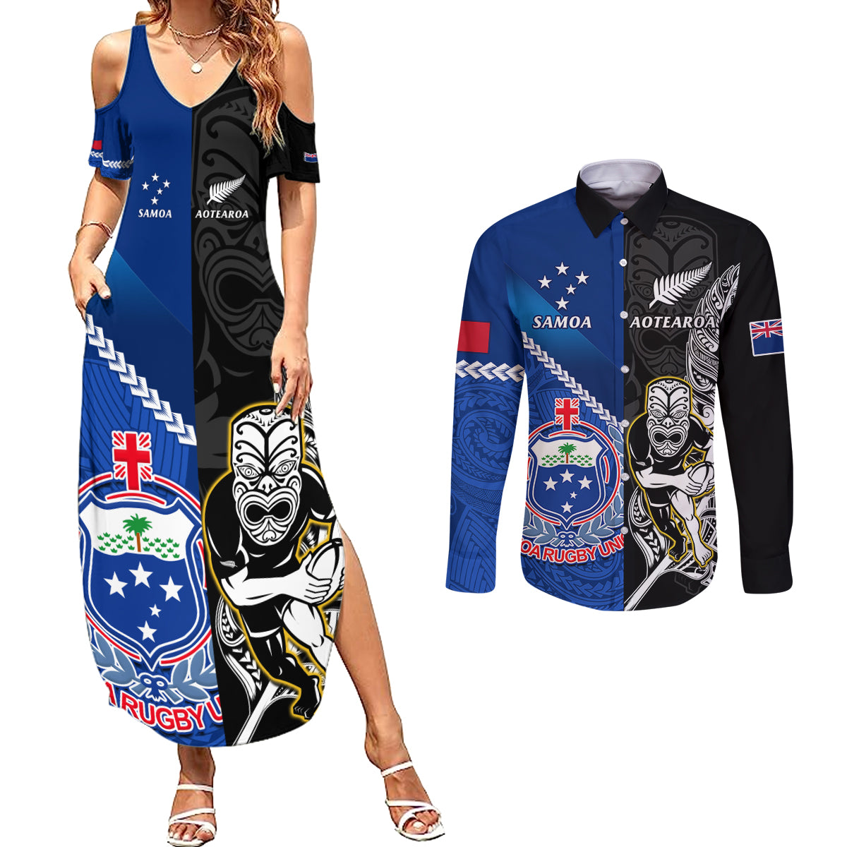 New Zealand And Samoa Rugby Couples Matching Summer Maxi Dress and Long Sleeve Button Shirts All Black Tiki Fern Mix Manu Samoa 2023 World Cup - Wonder Print Shop