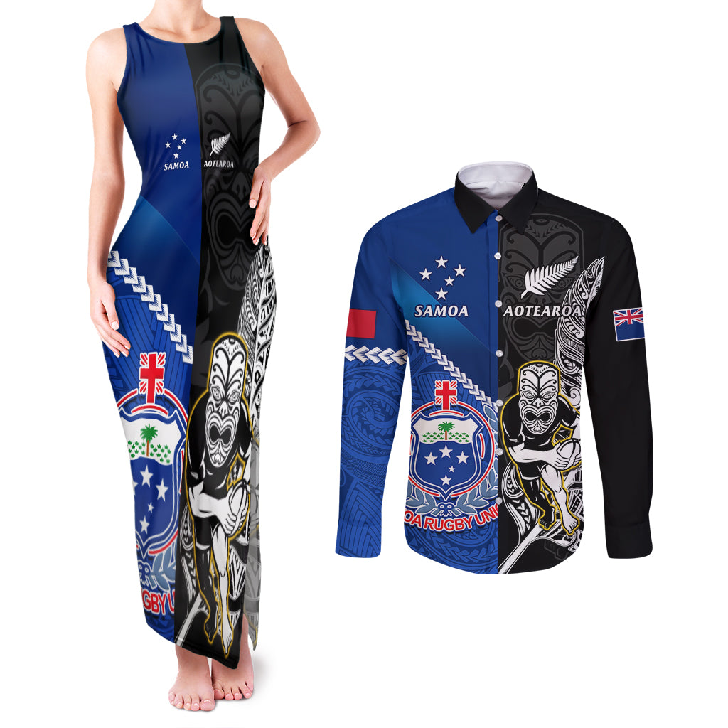 New Zealand And Samoa Rugby Couples Matching Tank Maxi Dress and Long Sleeve Button Shirts All Black Tiki Fern Mix Manu Samoa 2023 World Cup - Wonder Print Shop