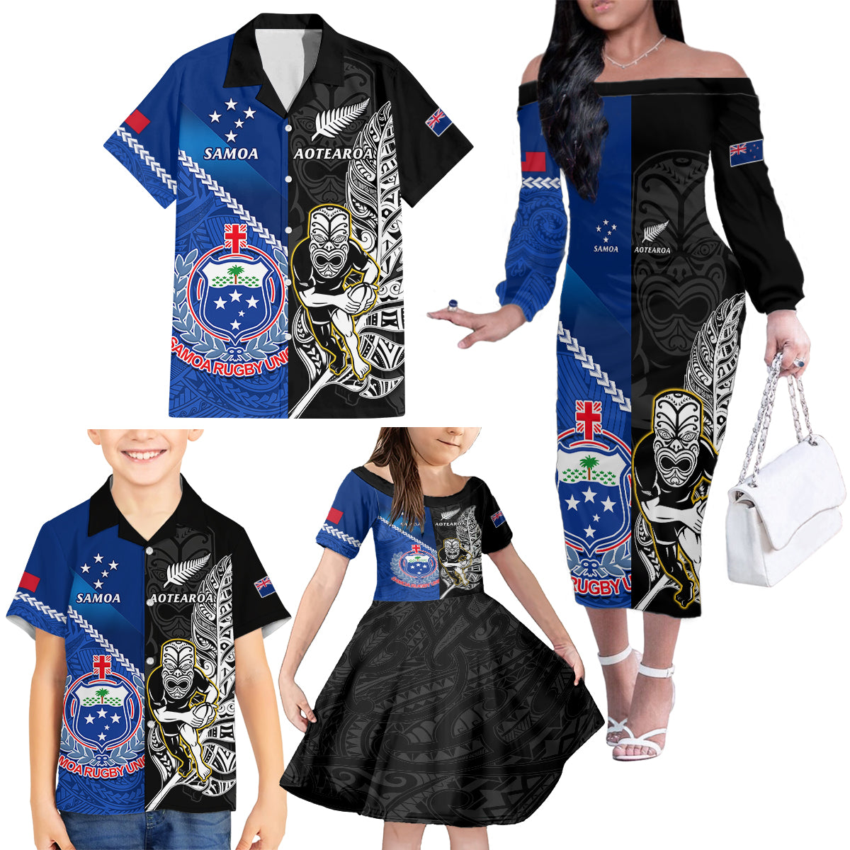 New Zealand And Samoa Rugby Family Matching Off Shoulder Long Sleeve Dress and Hawaiian Shirt All Black Tiki Fern Mix Manu Samoa 2023 World Cup - Wonder Print Shop