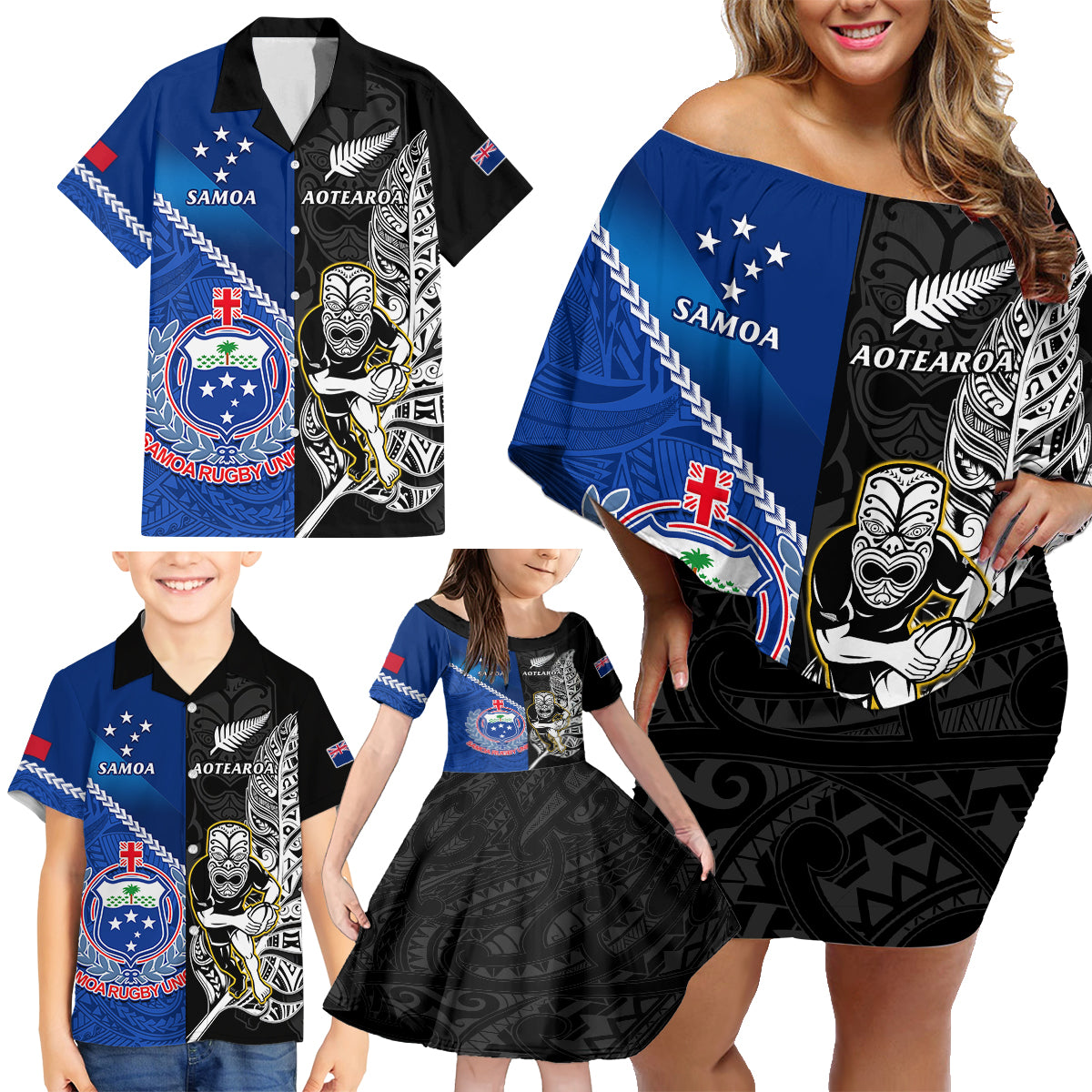 New Zealand And Samoa Rugby Family Matching Off Shoulder Short Dress and Hawaiian Shirt All Black Tiki Fern Mix Manu Samoa 2023 World Cup - Wonder Print Shop