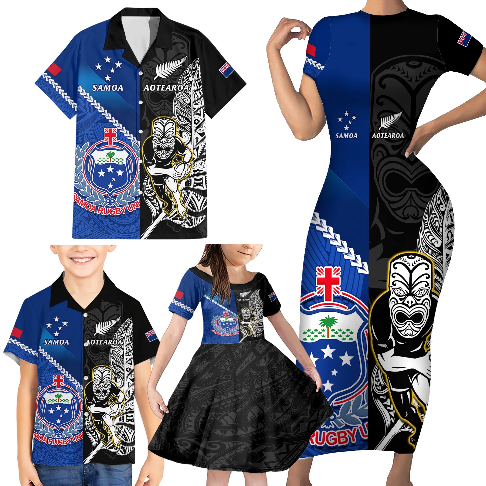 New Zealand And Samoa Rugby Family Matching Short Sleeve Bodycon Dress and Hawaiian Shirt All Black Tiki Fern Mix Manu Samoa 2023 World Cup - Wonder Print Shop