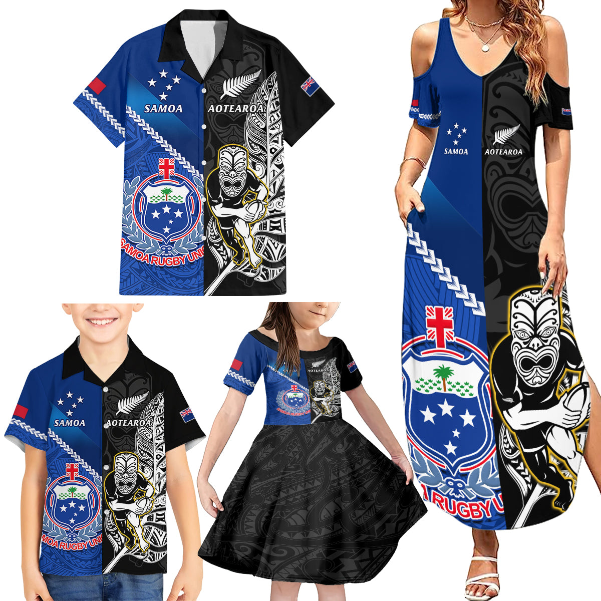 New Zealand And Samoa Rugby Family Matching Summer Maxi Dress and Hawaiian Shirt All Black Tiki Fern Mix Manu Samoa 2023 World Cup - Wonder Print Shop