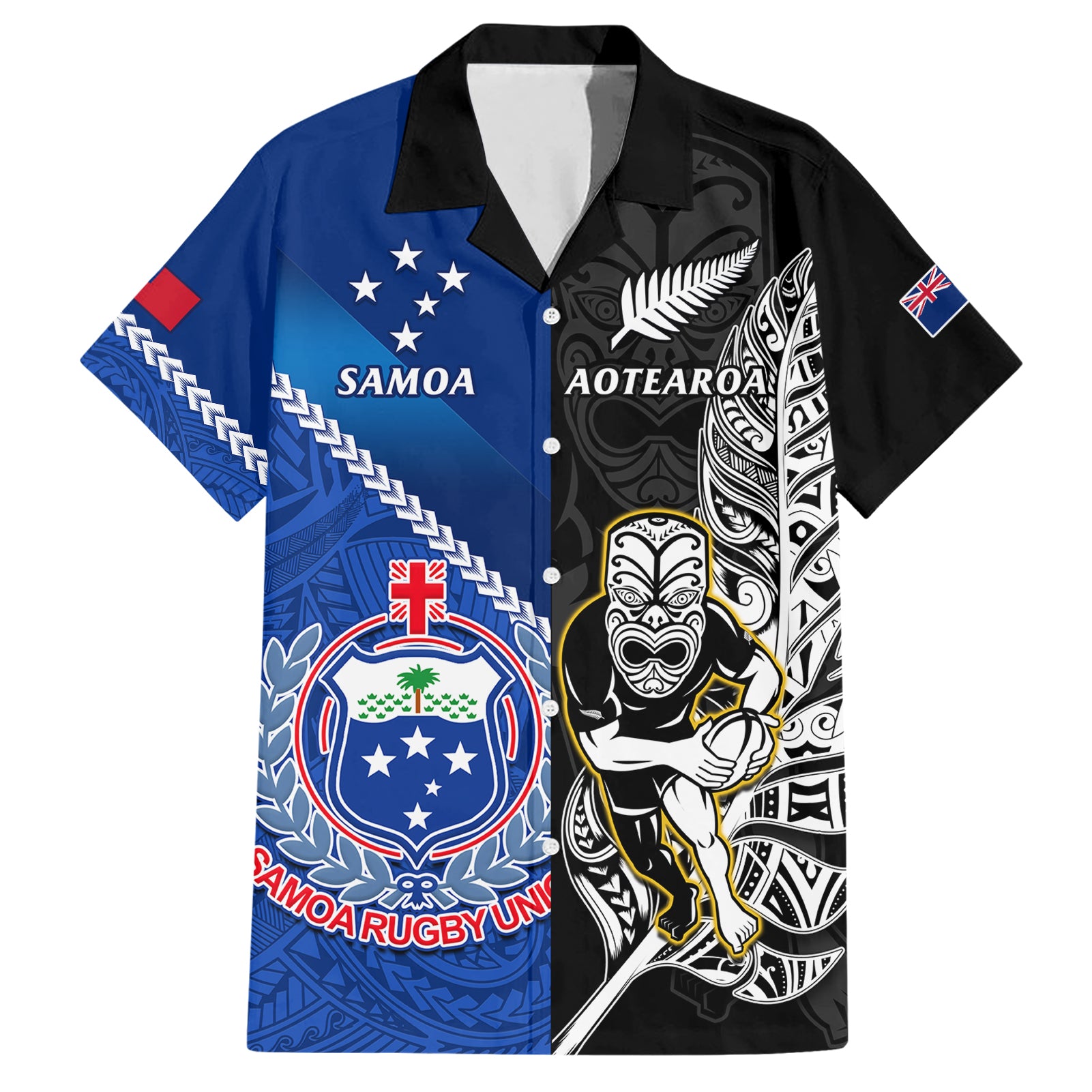 New Zealand And Samoa Rugby Hawaiian Shirt All Black Tiki Fern Mix Manu Samoa 2023 World Cup - Wonder Print Shop