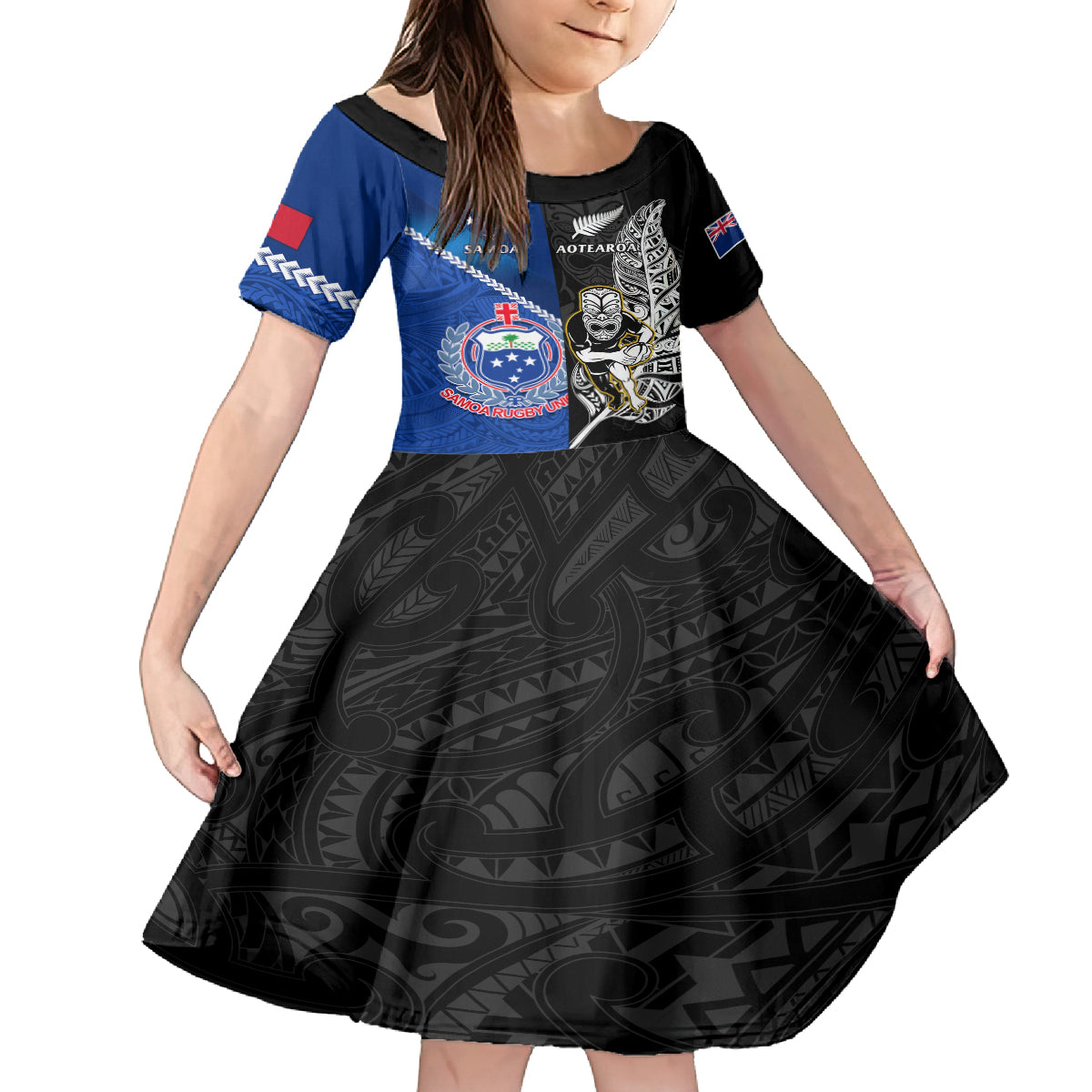 New Zealand And Samoa Rugby Kid Short Sleeve Dress All Black Tiki Fern Mix Manu Samoa 2023 World Cup - Wonder Print Shop