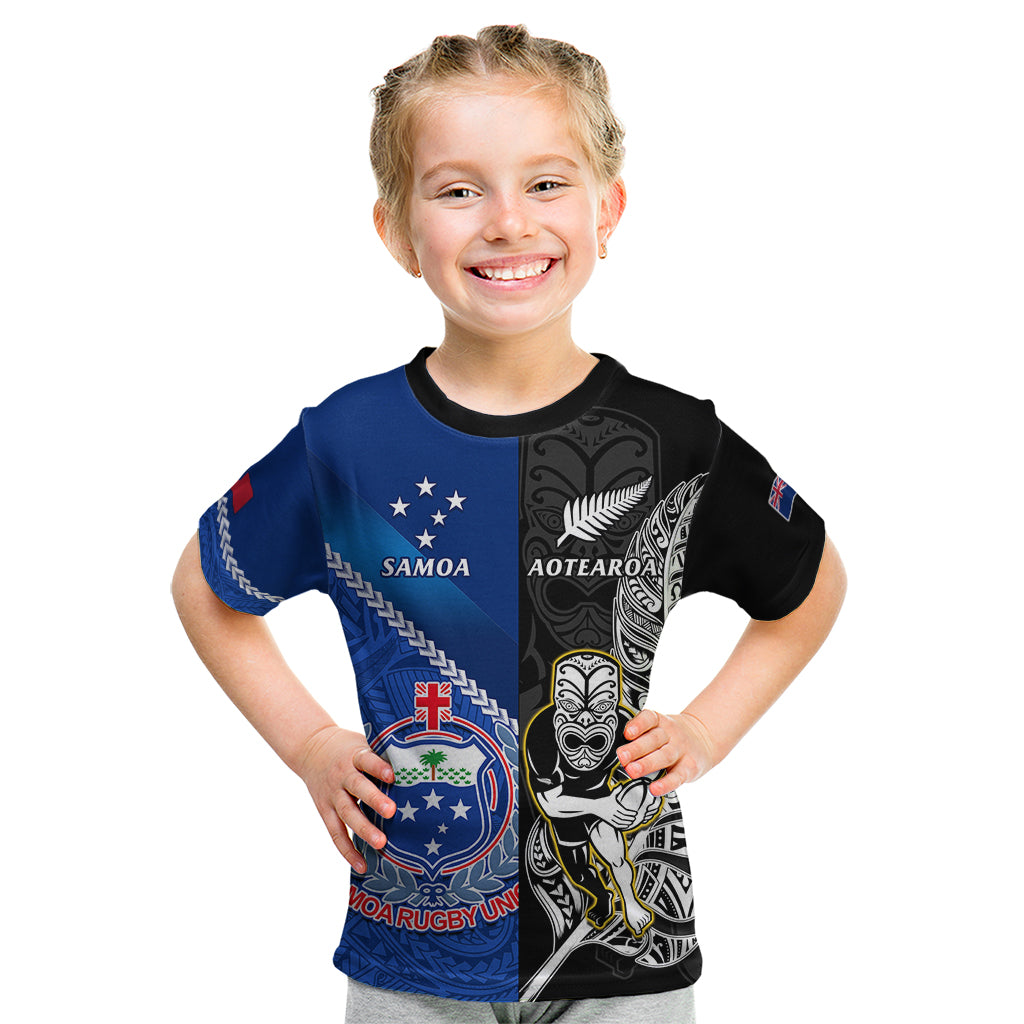 New Zealand And Samoa Rugby Kid T Shirt All Black Tiki Fern Mix Manu Samoa 2023 World Cup - Wonder Print Shop