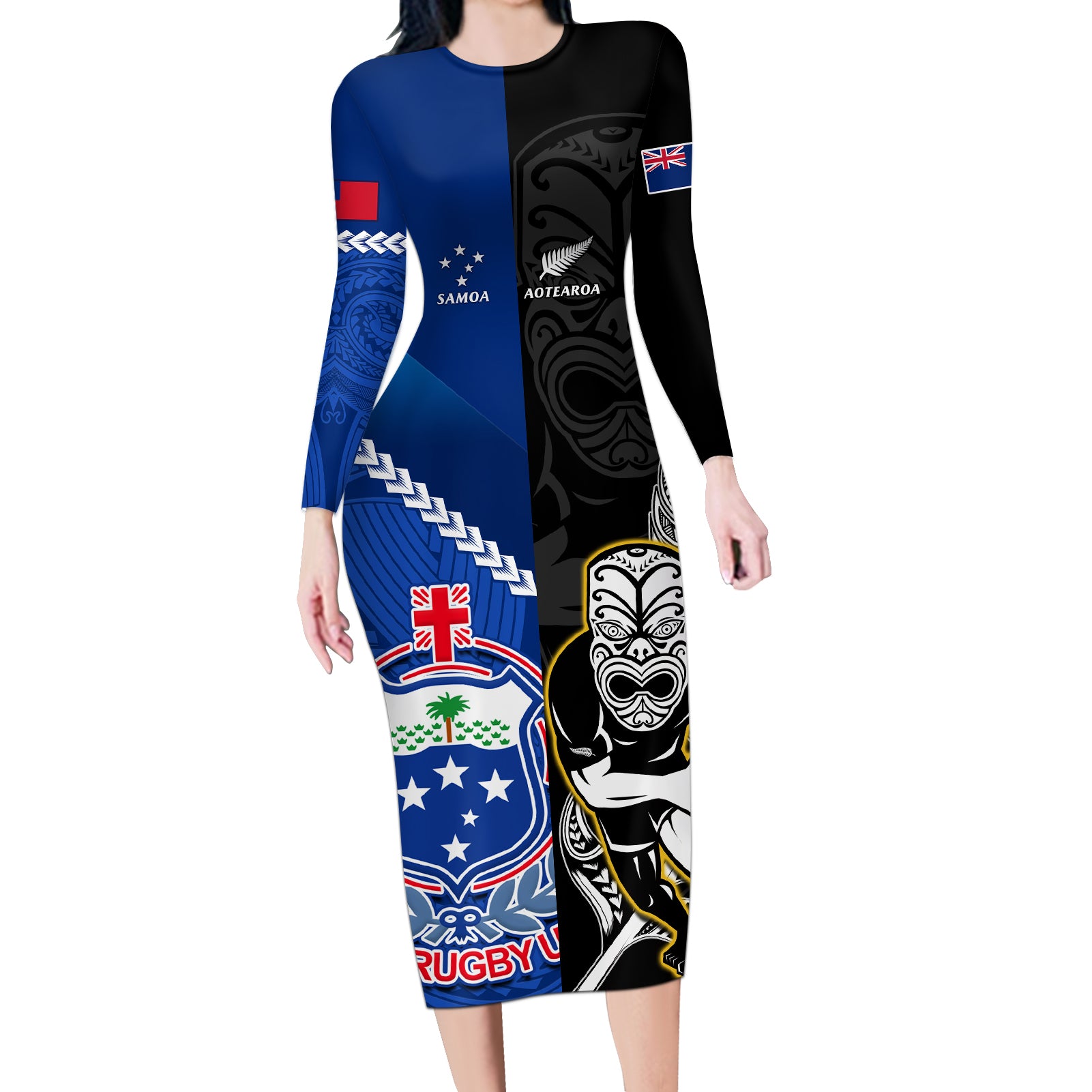 New Zealand And Samoa Rugby Long Sleeve Bodycon Dress All Black Tiki Fern Mix Manu Samoa 2023 World Cup - Wonder Print Shop