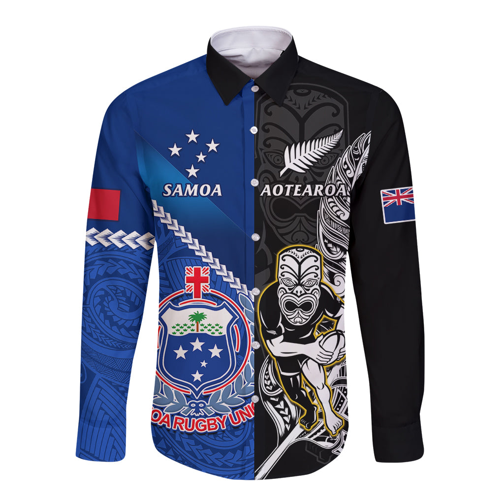 New Zealand And Samoa Rugby Long Sleeve Button Shirt All Black Tiki Fern Mix Manu Samoa 2023 World Cup - Wonder Print Shop