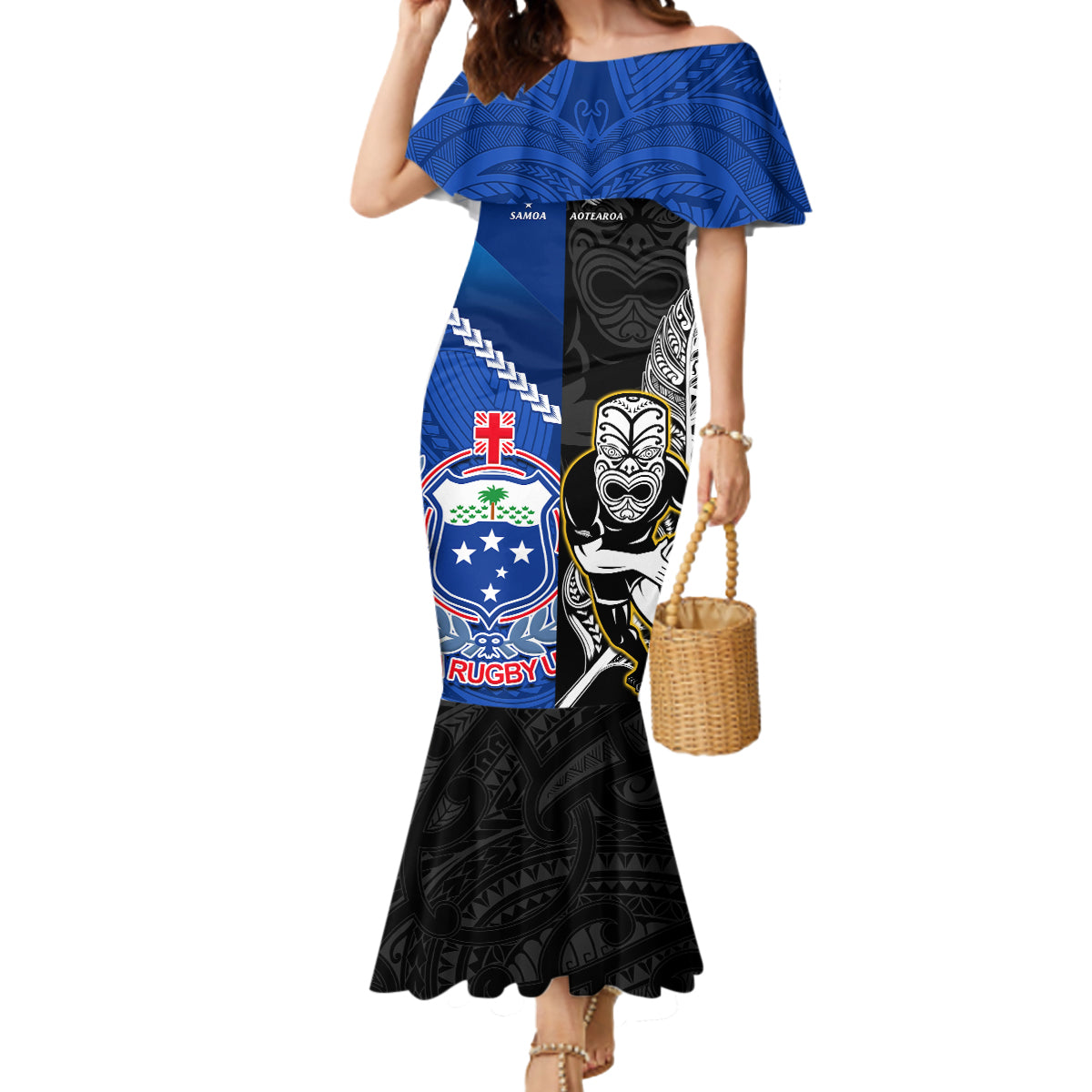 New Zealand And Samoa Rugby Mermaid Dress All Black Tiki Fern Mix Manu Samoa 2023 World Cup - Wonder Print Shop