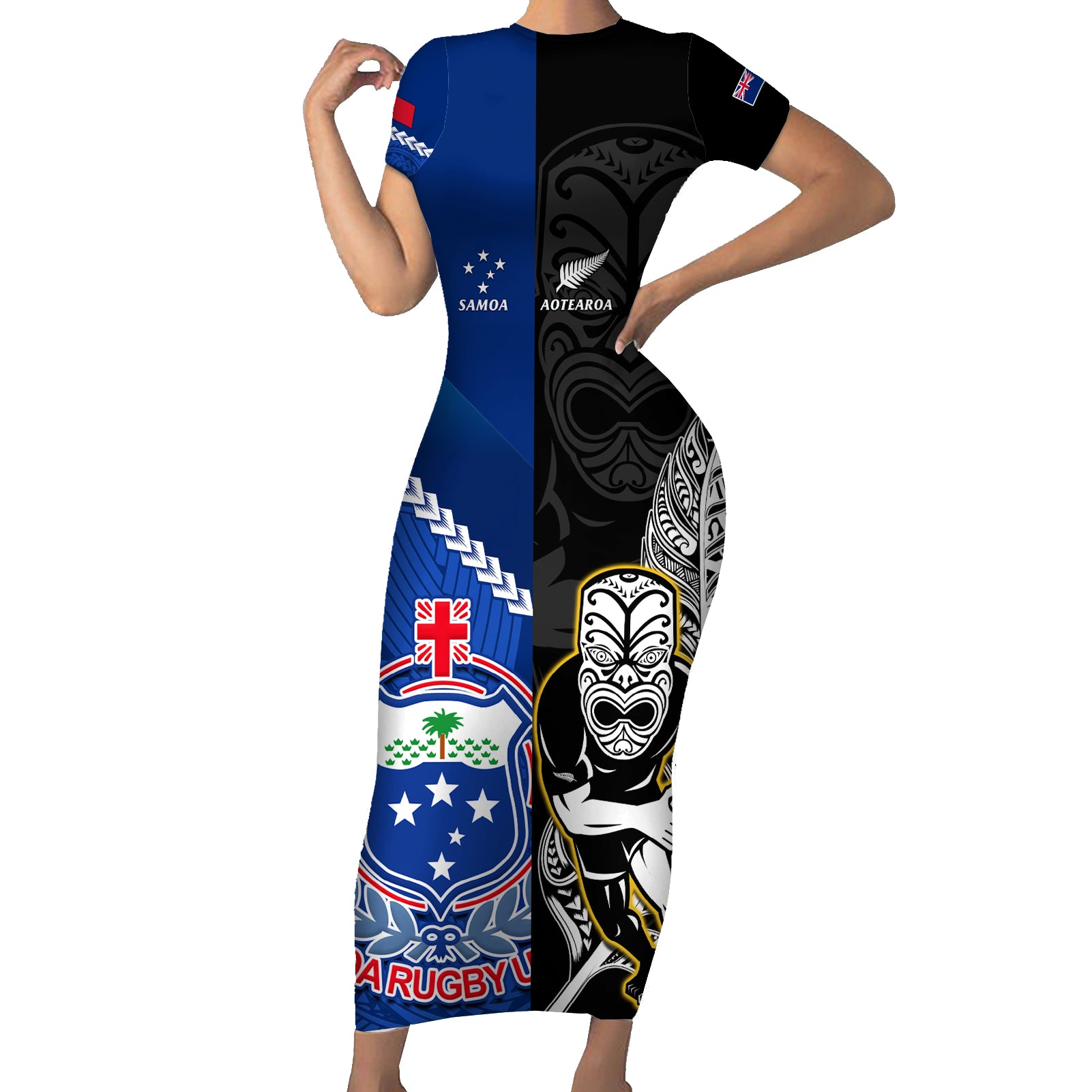 New Zealand And Samoa Rugby Short Sleeve Bodycon Dress All Black Tiki Fern Mix Manu Samoa 2023 World Cup - Wonder Print Shop