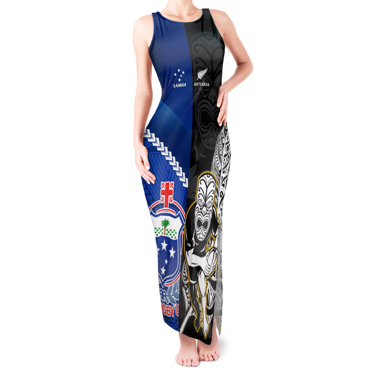 New Zealand And Samoa Rugby Tank Maxi Dress All Black Tiki Fern Mix Manu Samoa 2023 World Cup - Wonder Print Shop