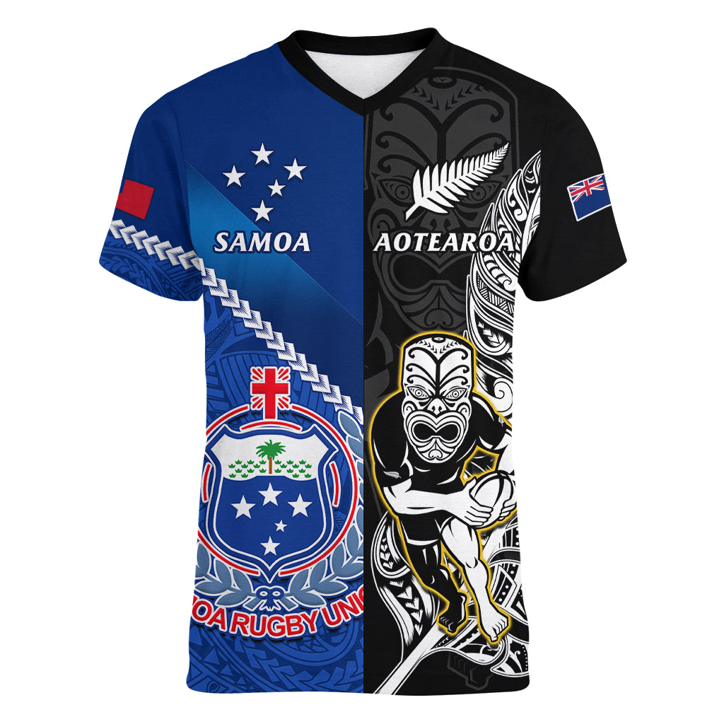 New Zealand And Samoa Rugby Women V Neck T Shirt All Black Tiki Fern Mix Manu Samoa 2023 World Cup - Wonder Print Shop