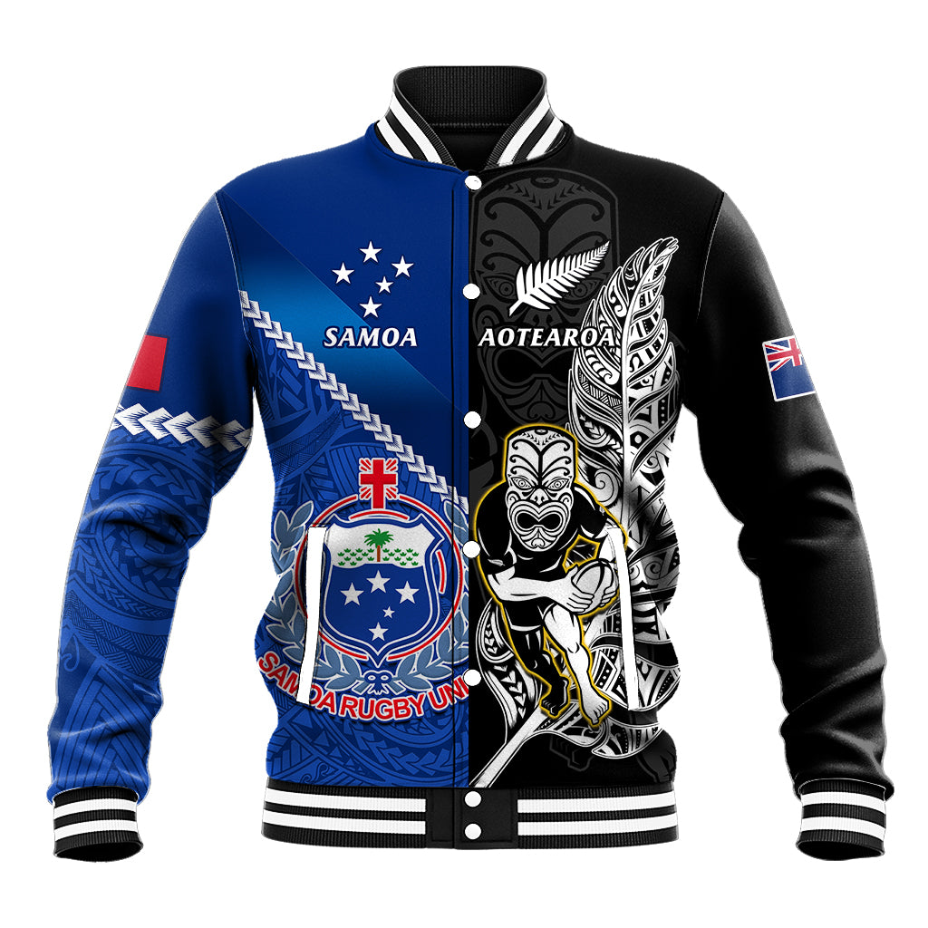 Black and blue button-front rugby baseball jacket with striped ribbed hem and cuffs