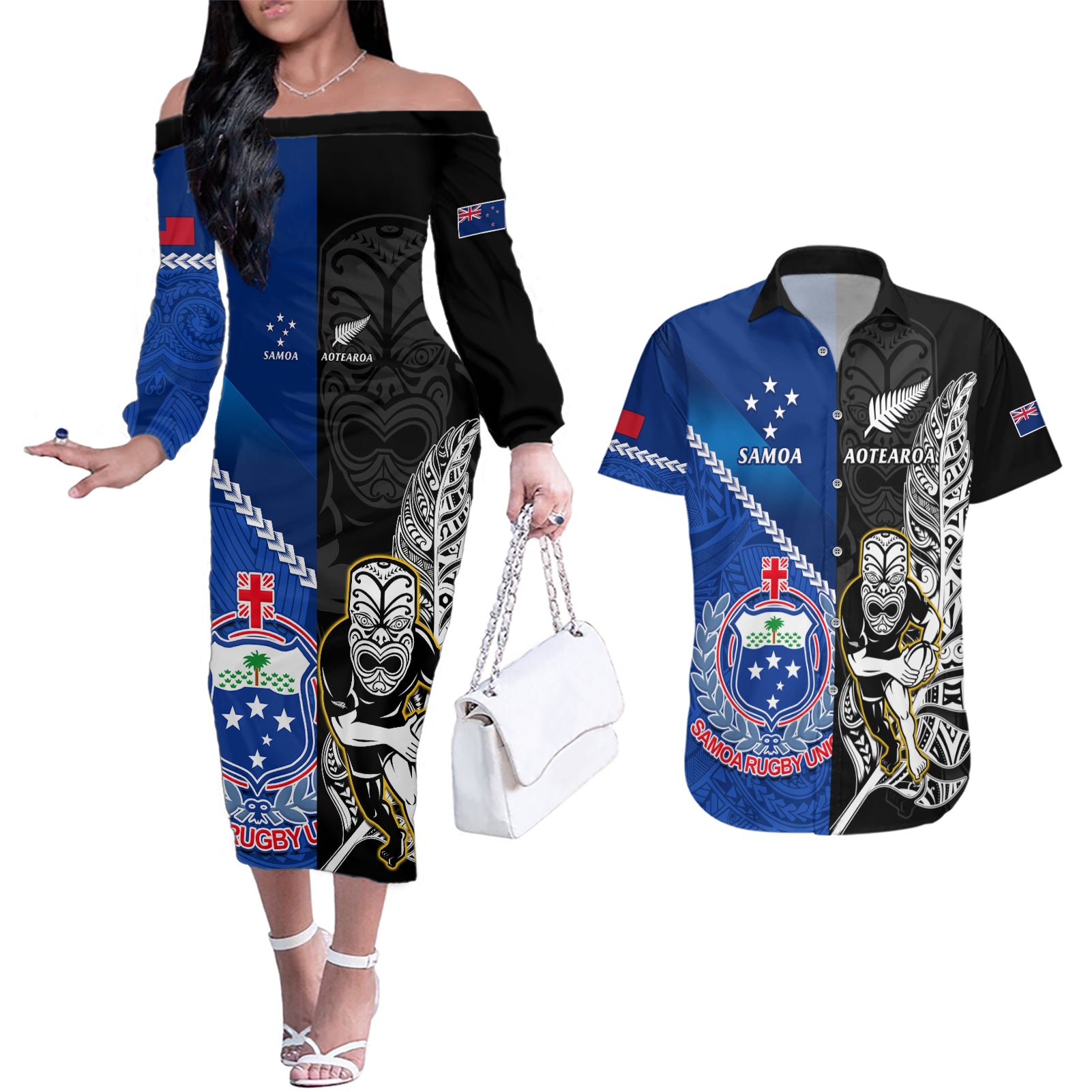 Custom New Zealand And Samoa Rugby Couples Matching Off The Shoulder Long Sleeve Dress and Hawaiian Shirt All Black Tiki Fern Mix Manu Samoa 2023 World Cup - Wonder Print Shop