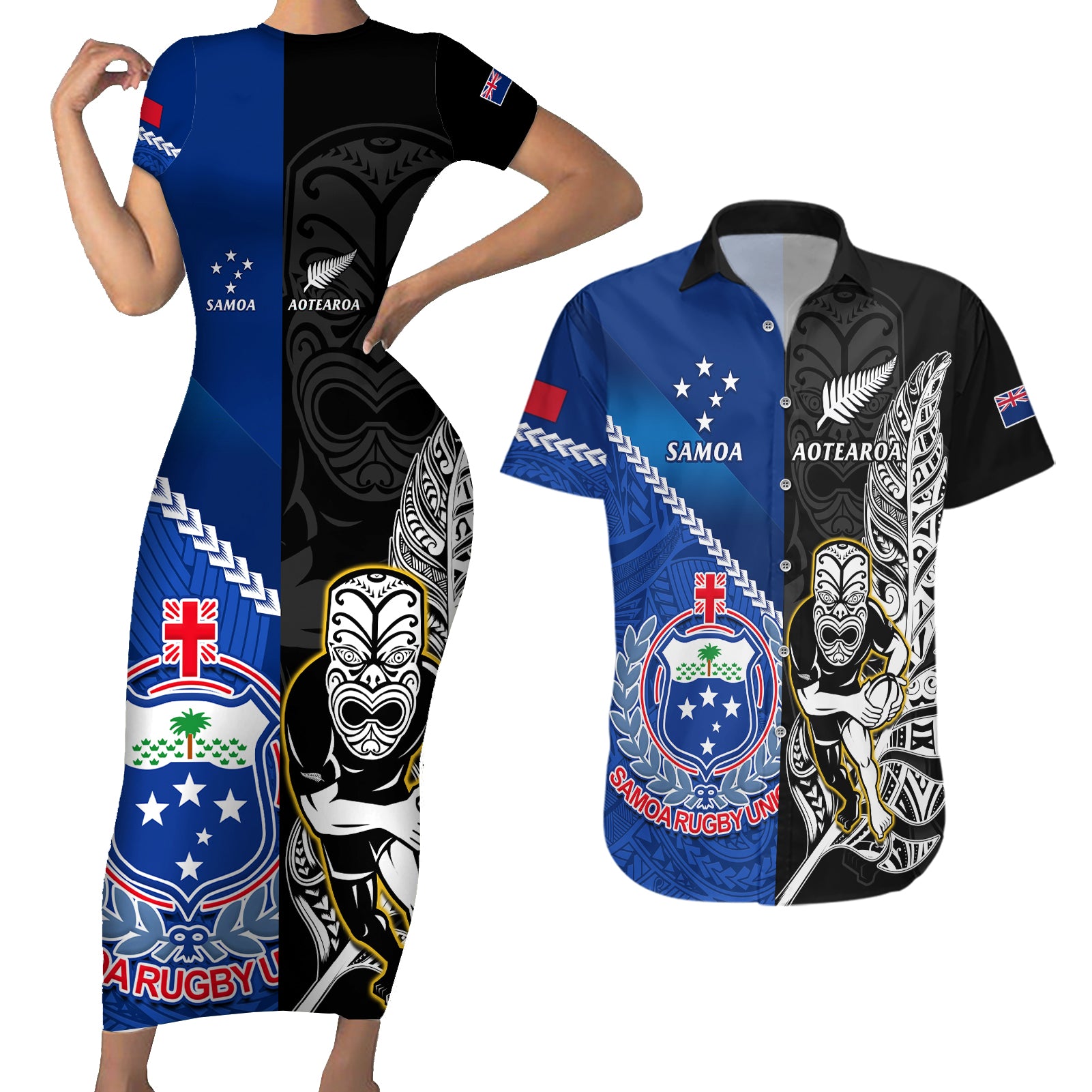 Custom New Zealand And Samoa Rugby Couples Matching Short Sleeve Bodycon Dress and Hawaiian Shirt All Black Tiki Fern Mix Manu Samoa 2023 World Cup - Wonder Print Shop