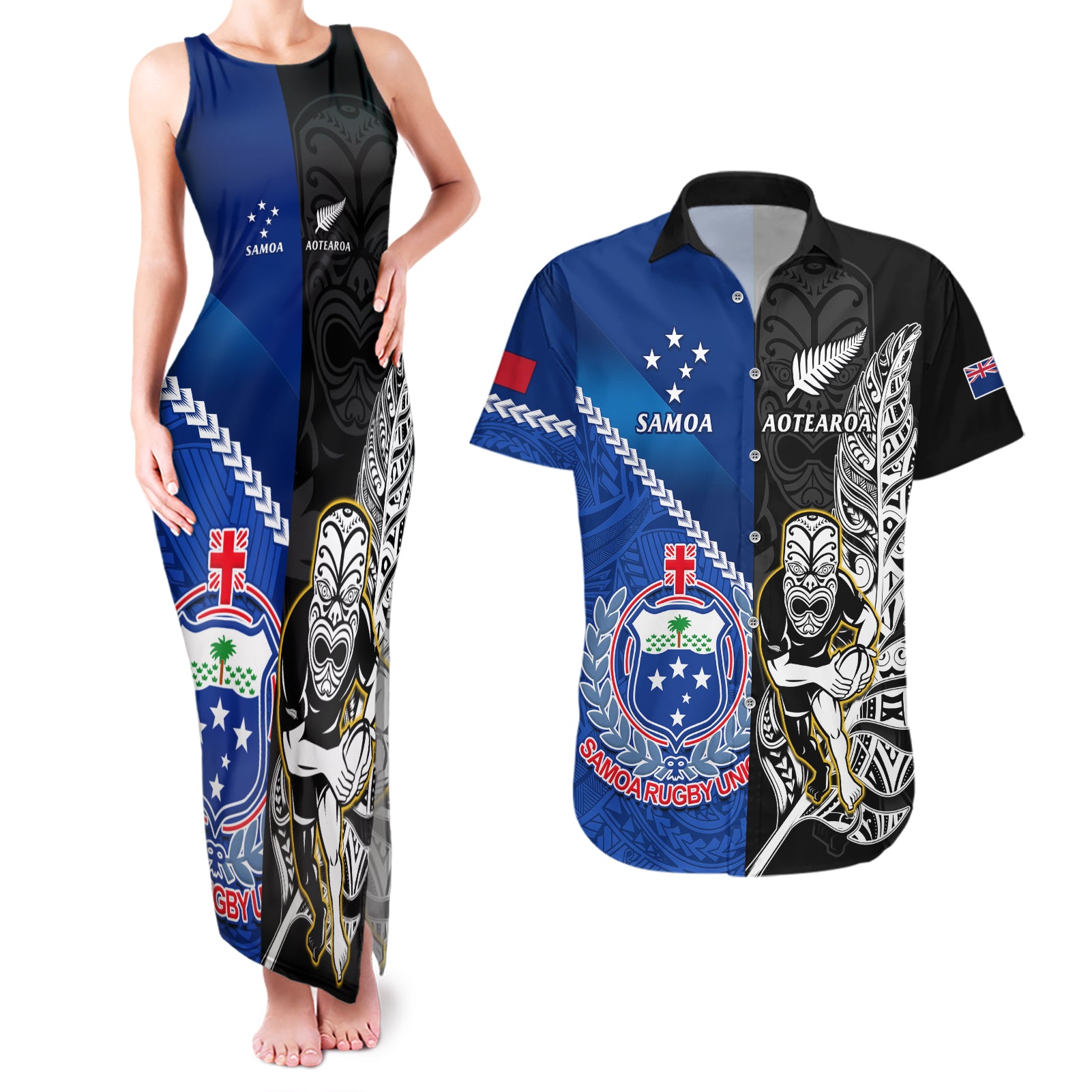 Custom New Zealand And Samoa Rugby Couples Matching Tank Maxi Dress and Hawaiian Shirt All Black Tiki Fern Mix Manu Samoa 2023 World Cup - Wonder Print Shop