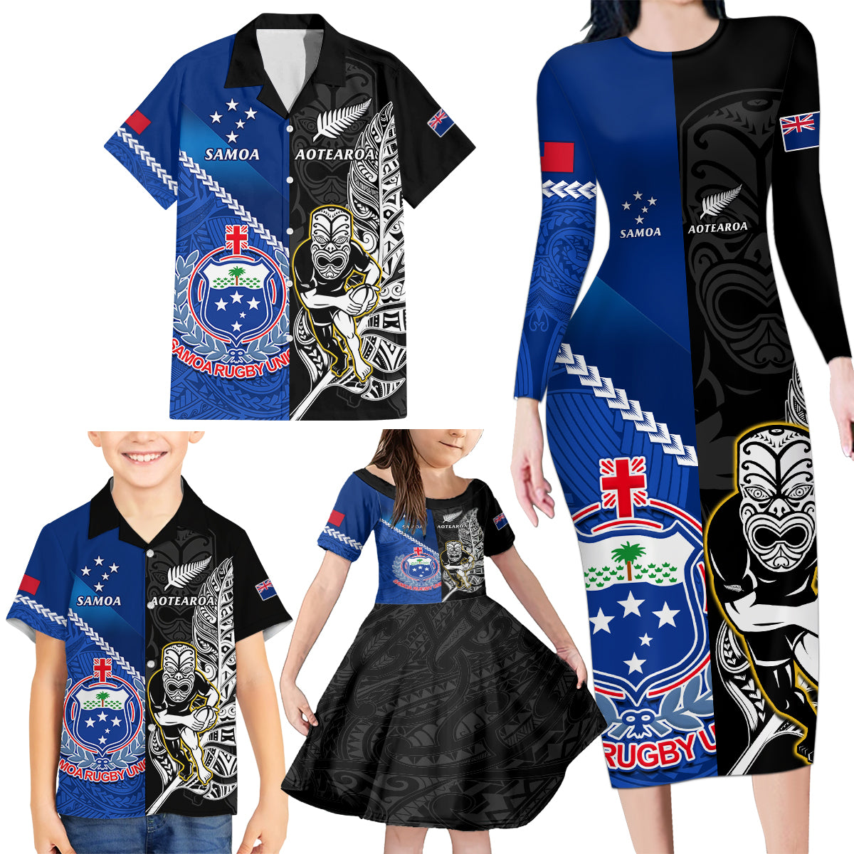 Custom New Zealand And Samoa Rugby Family Matching Long Sleeve Bodycon Dress and Hawaiian Shirt All Black Tiki Fern Mix Manu Samoa 2023 World Cup - Wonder Print Shop