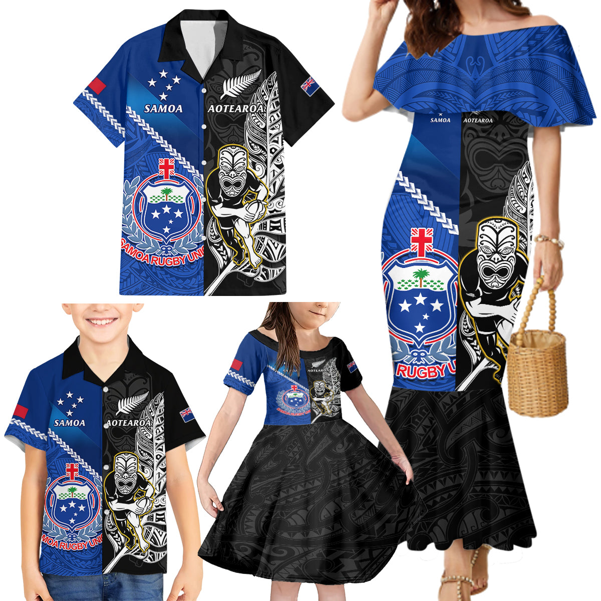 Custom New Zealand And Samoa Rugby Family Matching Mermaid Dress and Hawaiian Shirt All Black Tiki Fern Mix Manu Samoa 2023 World Cup - Wonder Print Shop