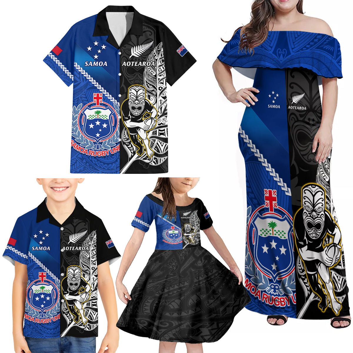 Custom New Zealand And Samoa Rugby Family Matching Off Shoulder Maxi Dress and Hawaiian Shirt All Black Tiki Fern Mix Manu Samoa 2023 World Cup - Wonder Print Shop