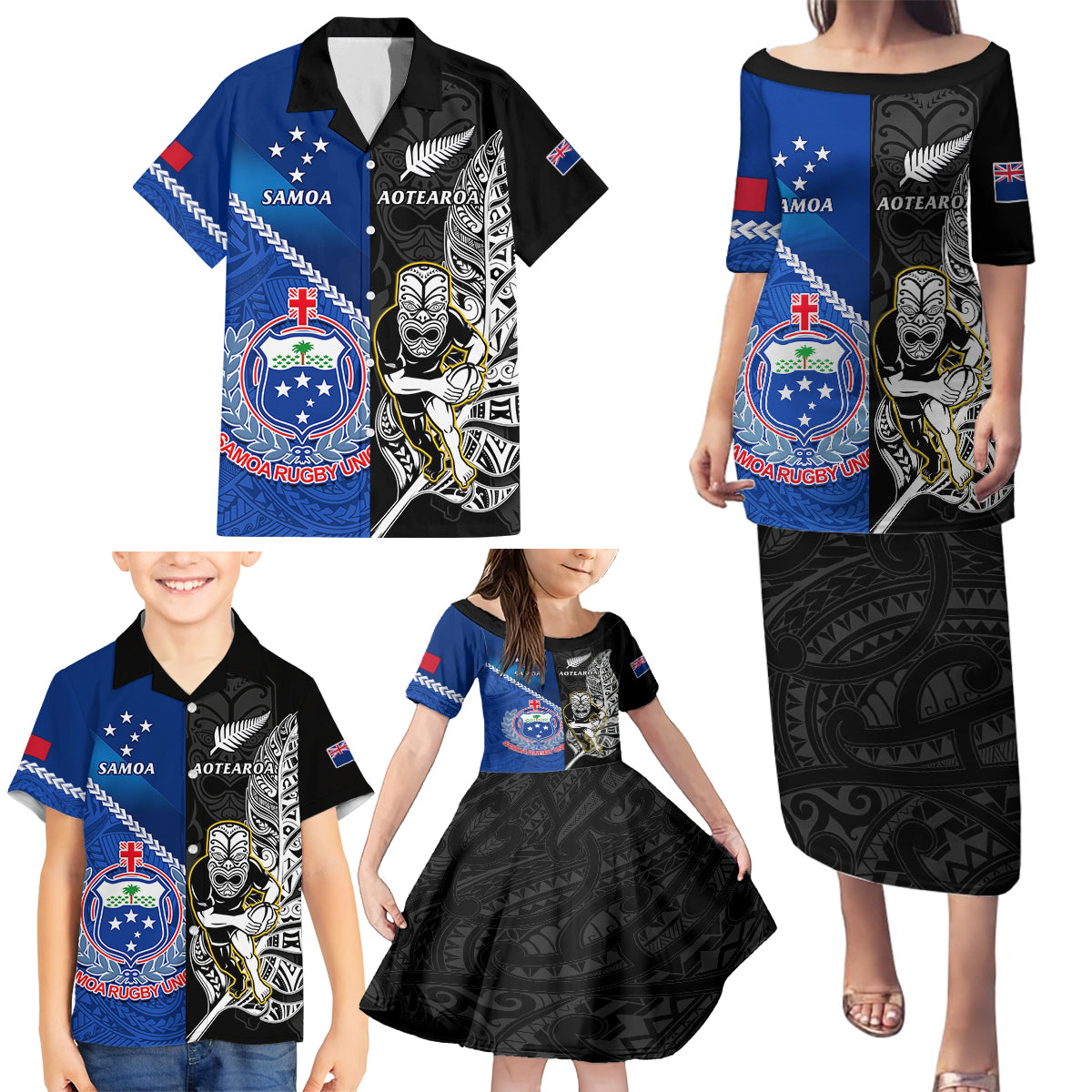 Custom New Zealand And Samoa Rugby Family Matching Puletasi Dress and Hawaiian Shirt All Black Tiki Fern Mix Manu Samoa 2023 World Cup - Wonder Print Shop