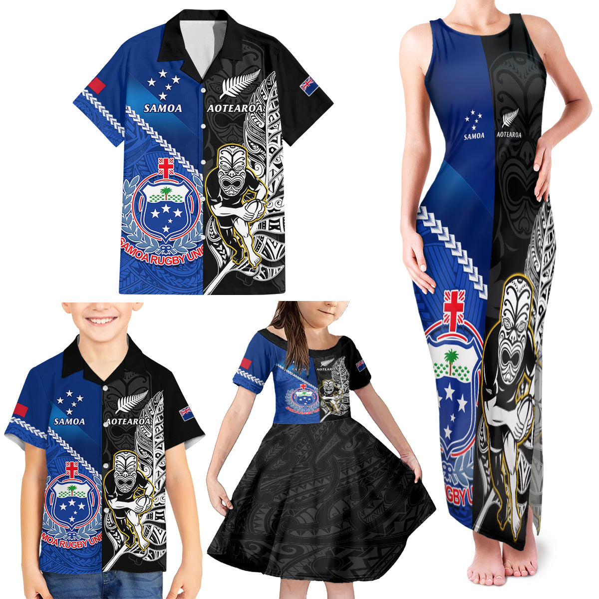 Custom New Zealand And Samoa Rugby Family Matching Tank Maxi Dress and Hawaiian Shirt All Black Tiki Fern Mix Manu Samoa 2023 World Cup - Wonder Print Shop