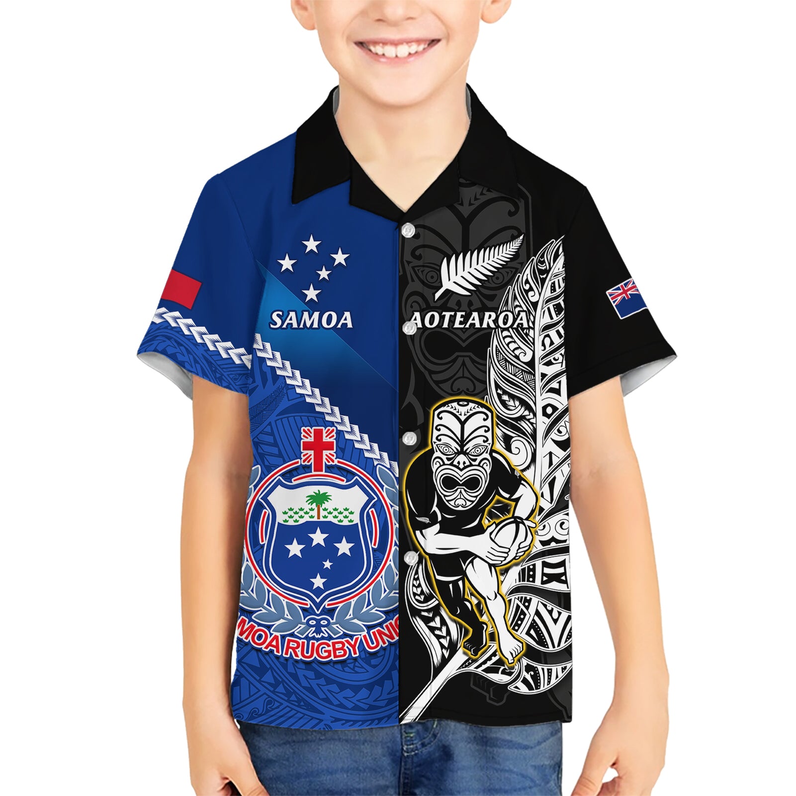 Custom New Zealand And Samoa Rugby Kid Hawaiian Shirt All Black Tiki Fern Mix Manu Samoa 2023 World Cup - Wonder Print Shop