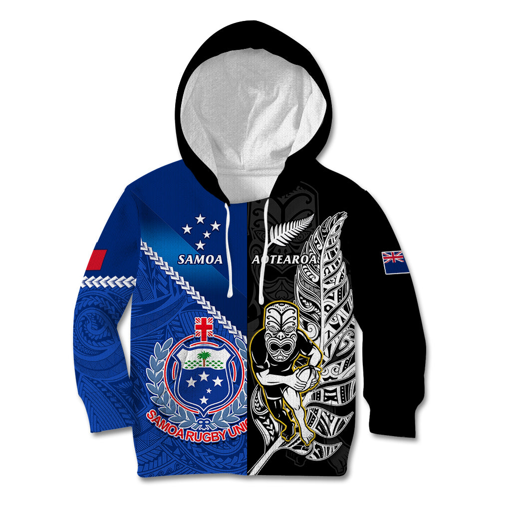 Custom New Zealand And Samoa Rugby Kid Hoodie All Black Tiki Fern Mix Manu Samoa 2023 World Cup - Wonder Print Shop