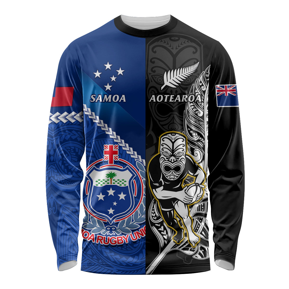 Custom New Zealand And Samoa Rugby Long Sleeve Shirt All Black Tiki Fern Mix Manu Samoa 2023 World Cup - Wonder Print Shop