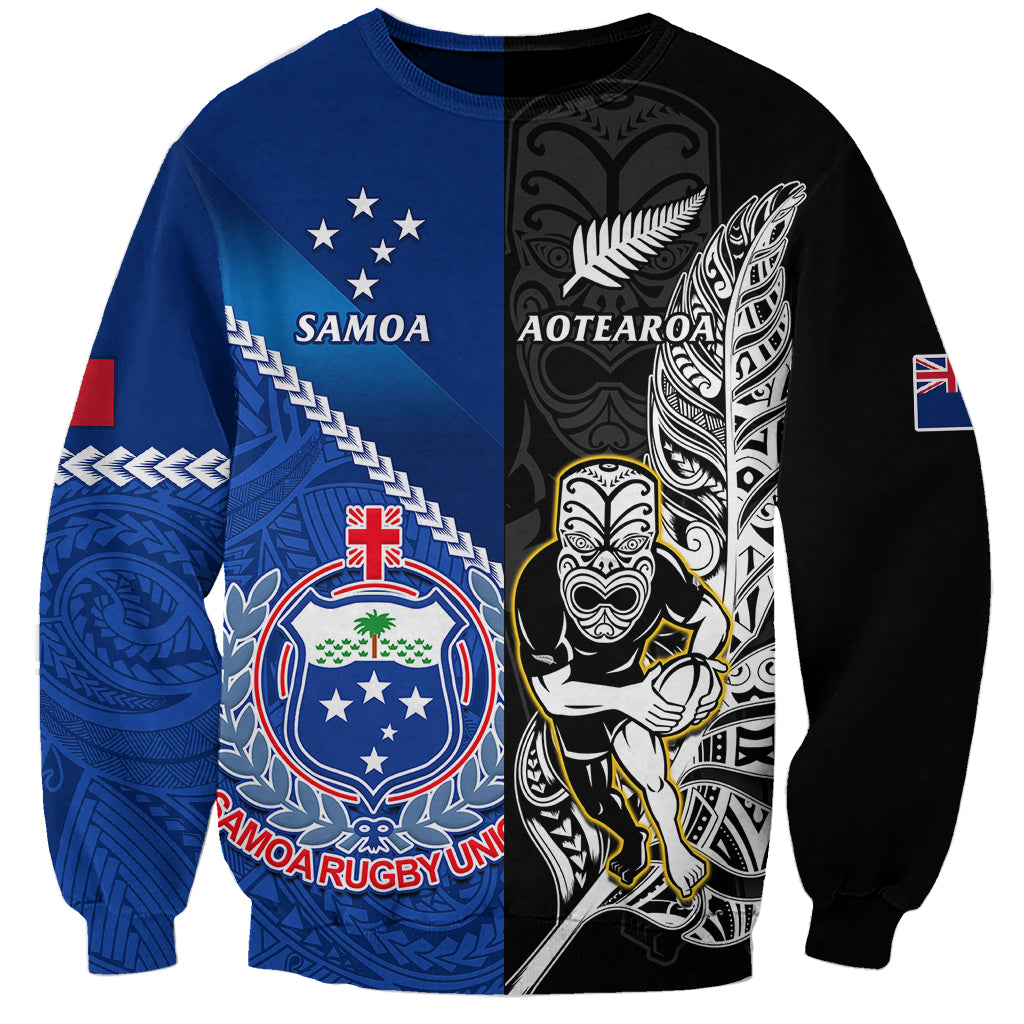 Black and blue rugby sweatshirt with Samoa and Aotearoa graphic print, long sleeves