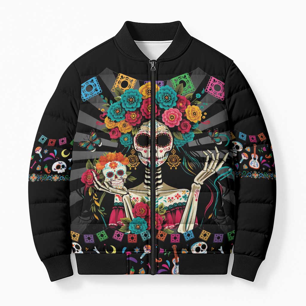 Mexican La Catrina Bomber Puffer Jacket Viva Mexico Dia De Muertos - Wonder Print Shop