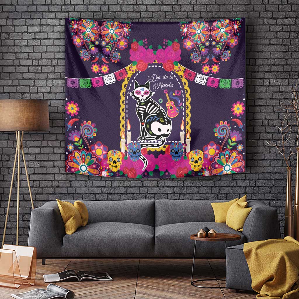 Mexico Day Of The Dead Tapestry Cat Skeleton Dia De Los Meowtos - Wonder Print Shop