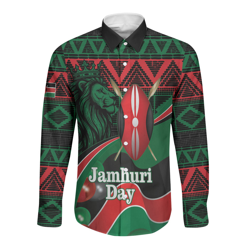 Kenya Jamhuri Day Long Sleeve Button Shirt Maasai Shield Spears Harambee