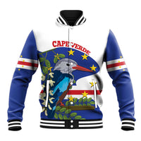 Unisex baseball varsity jacket, blue sleeves, white body, bird front graphic