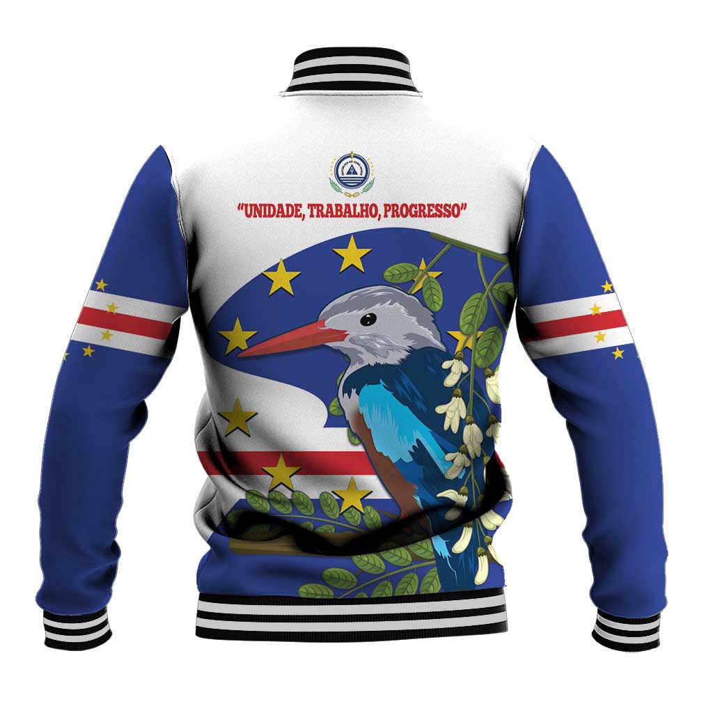 Unisex baseball varsity jacket, blue sleeves, back bird graphic with stars and text