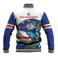 Unisex baseball varsity jacket, blue sleeves, back bird graphic with stars and text