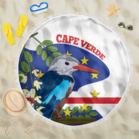 Round beach blanket with Cape Verde flag bird print and white fringe edge
