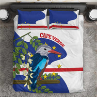 Cape Verde bedding set with blue flag, red stripe, and bird on white, two pillows