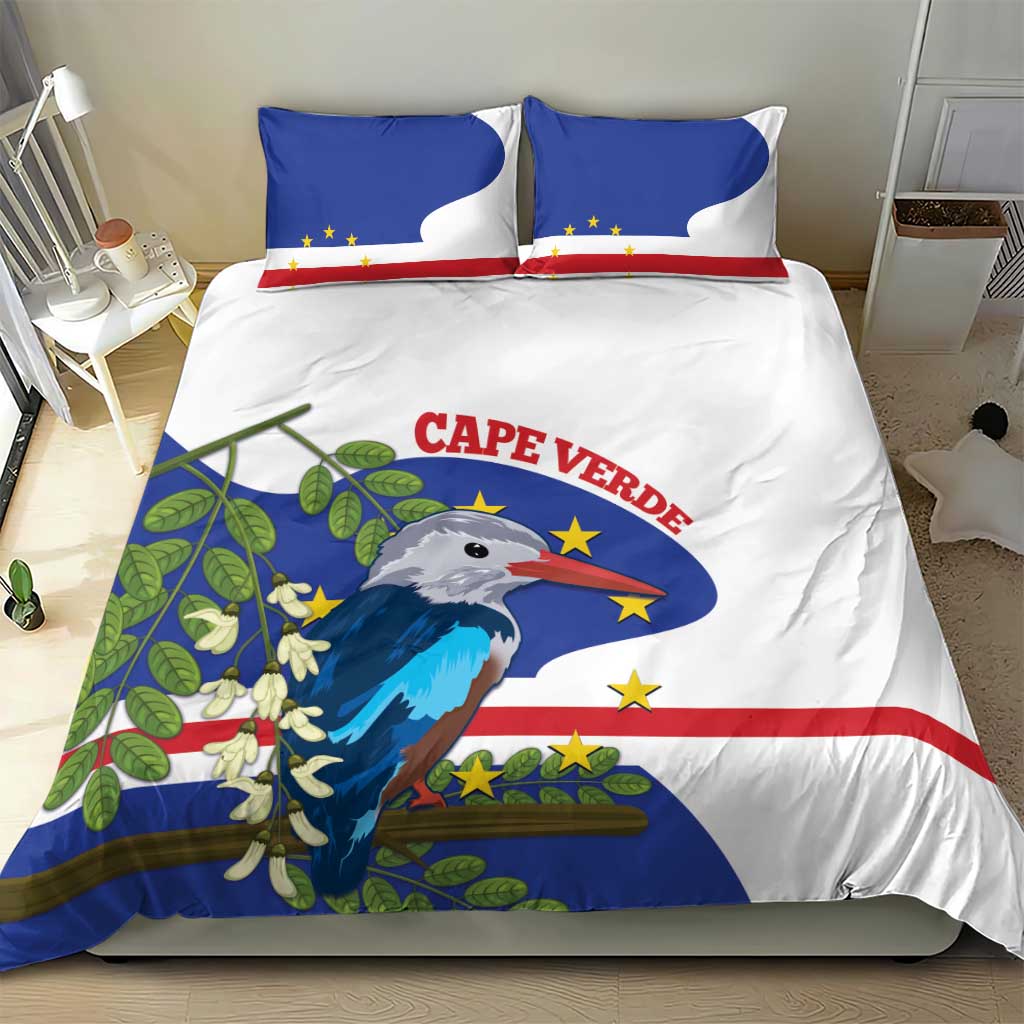 Cape Verde bedding set featuring blue and red flag design with bird print, two pillows