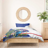 Cape Verde duvet and pillow with blue flag, red stripe, and bird graphic on white
